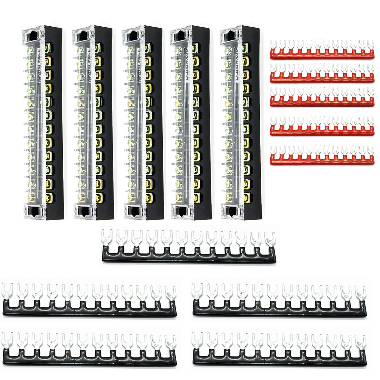 10pcs(5 Sets)-5pcs 600v 15a 12 Positions Double Row Screw Terminal Strip With Cover+5pcs 600v 15a 12 Positions Black Red Pre-insulated Terminal Barrie