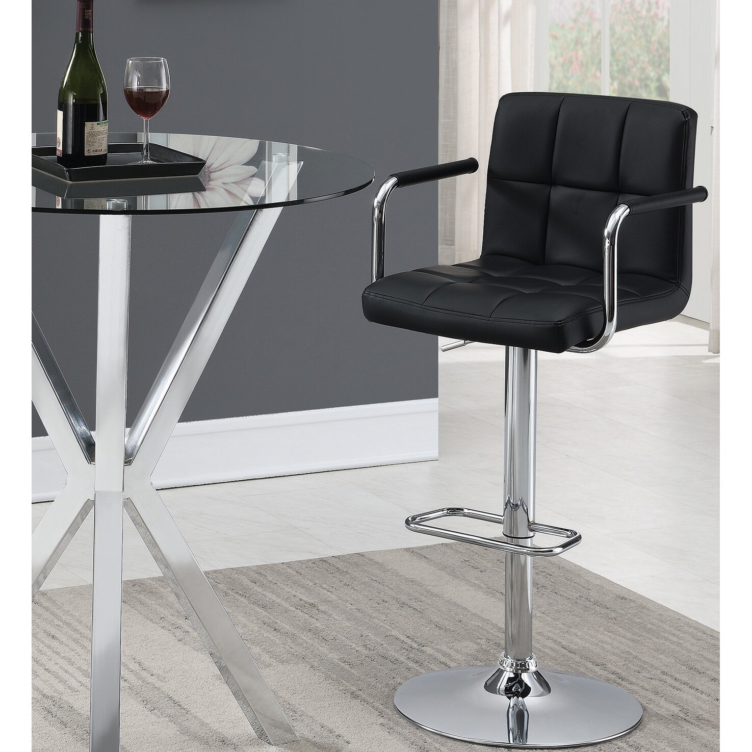 Modern Black Leatherette Adjustable Swivel Stool with Chrome Pedestal Base