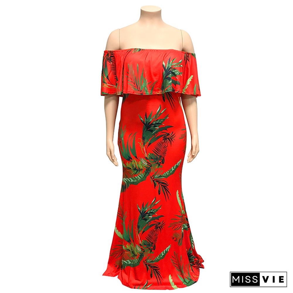 Sexy Off Shoulder Ruffles Printing Floor-length Plus Size Dress