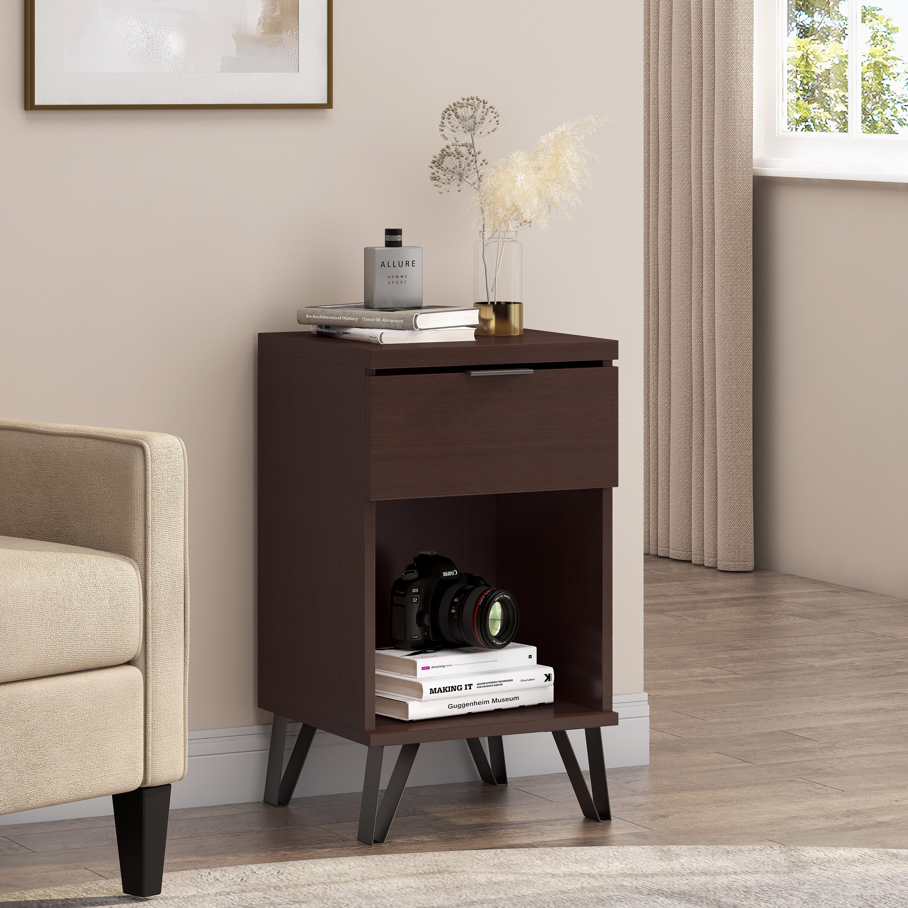 Demijen Modern Industrial Tall Nightstand with Drawer, Walnut and Matte Black