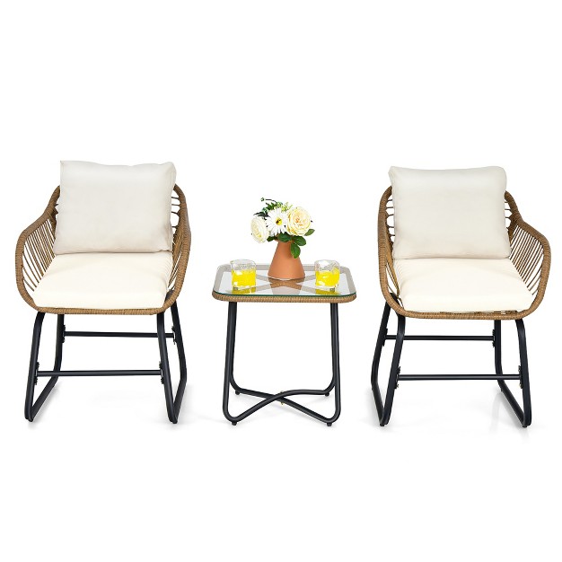 Costway 3pcs Patio Rattan Bistro Set All weather Cushioned Chair Table White