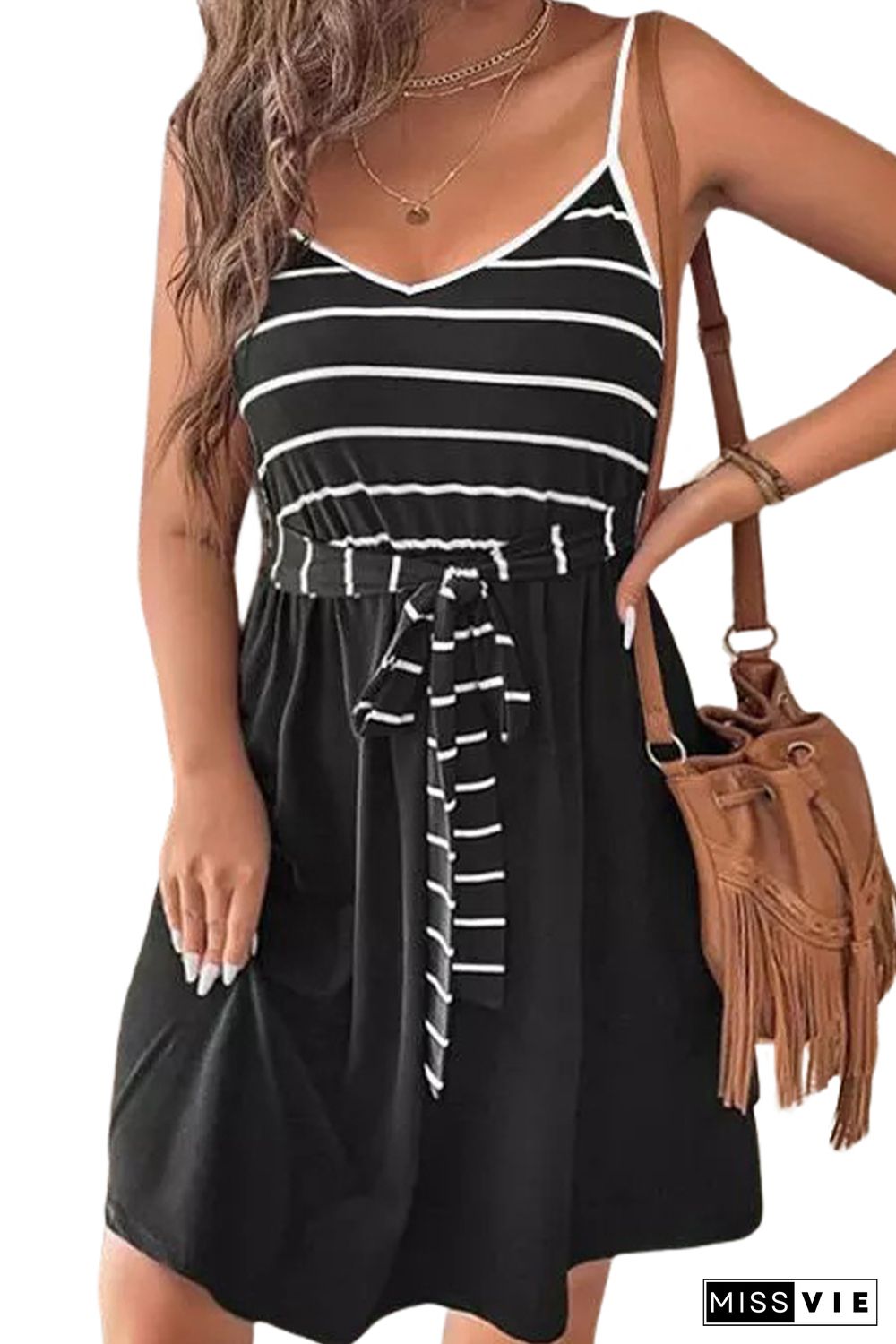 Black Spaghetti Straps Striped Cami Dress with Sash