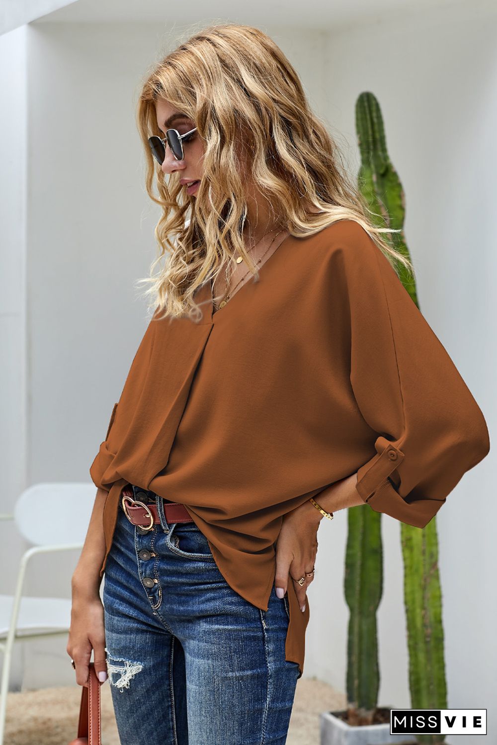 Brown V Neck 3/4 Sleeve High Low Hem Shirt