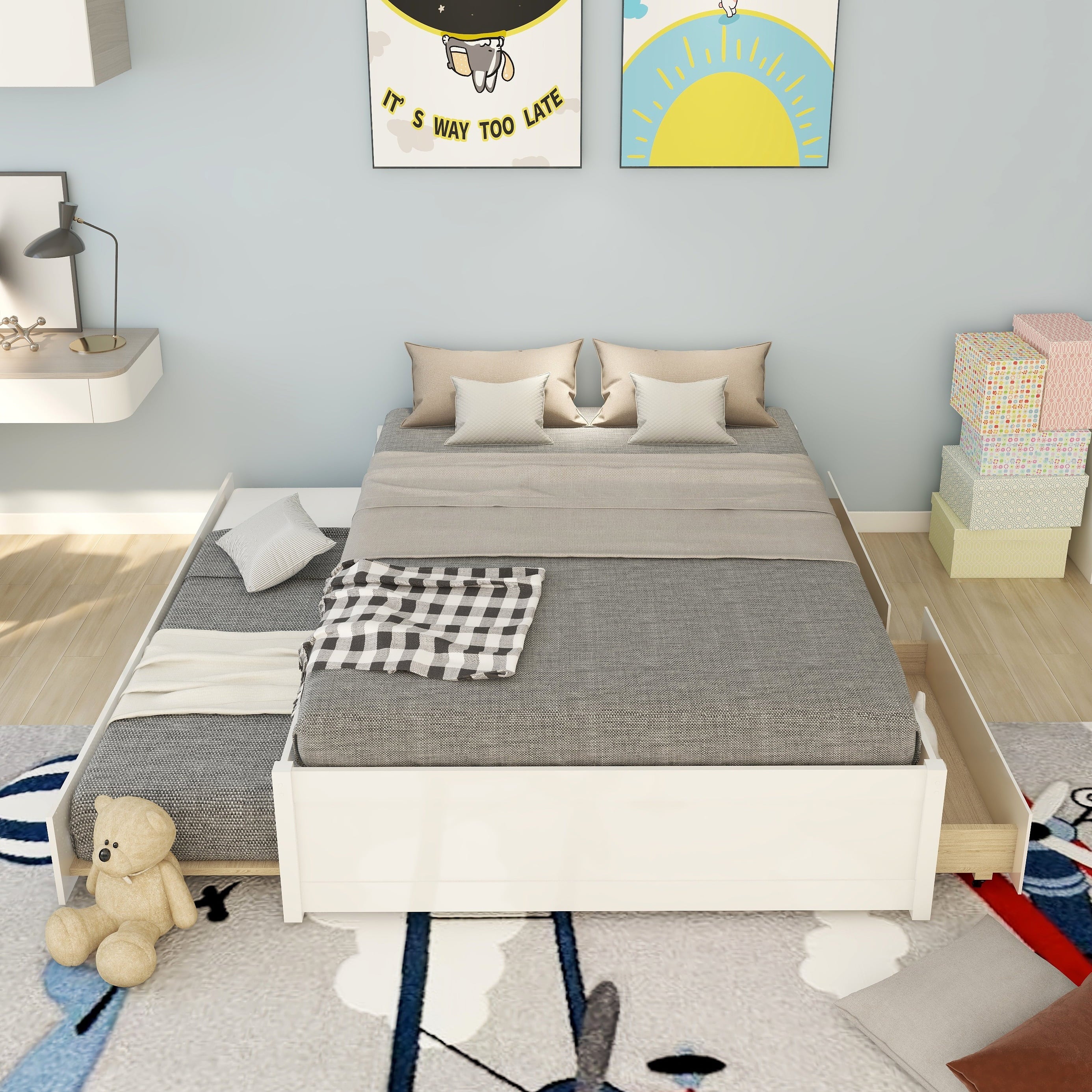 Bellemave Full Bed with Trundle and Storage, Solid Wood Full Size Platform Bed Frame with Drawers, Space-Saving Full Bed for Kids Teens and Adults (White)