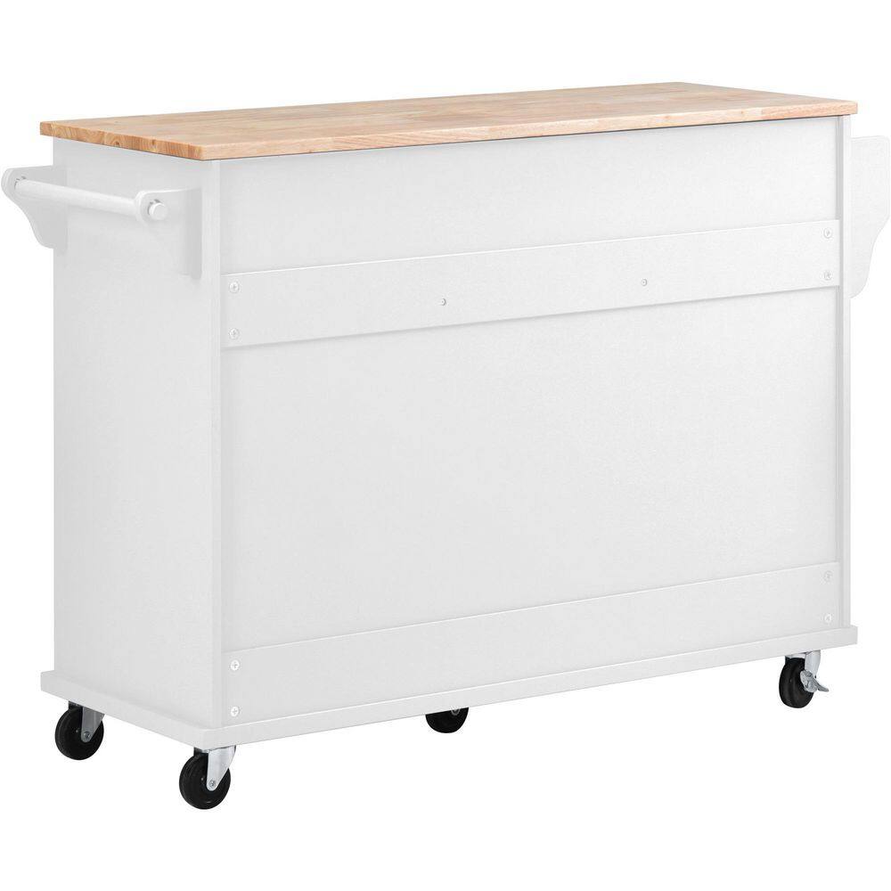 Runesay White Kitchen Island Cart Rubber Wood Desktop Rolling Mobile with Adjustable Shelves Storage and 5-Drawer KIWH-11193