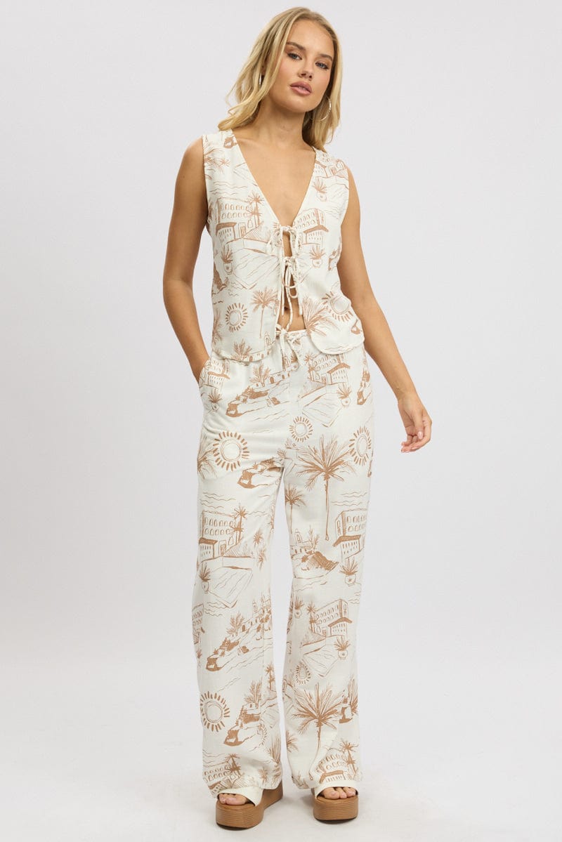 Brown Abstract Wide Leg Pants High Rise