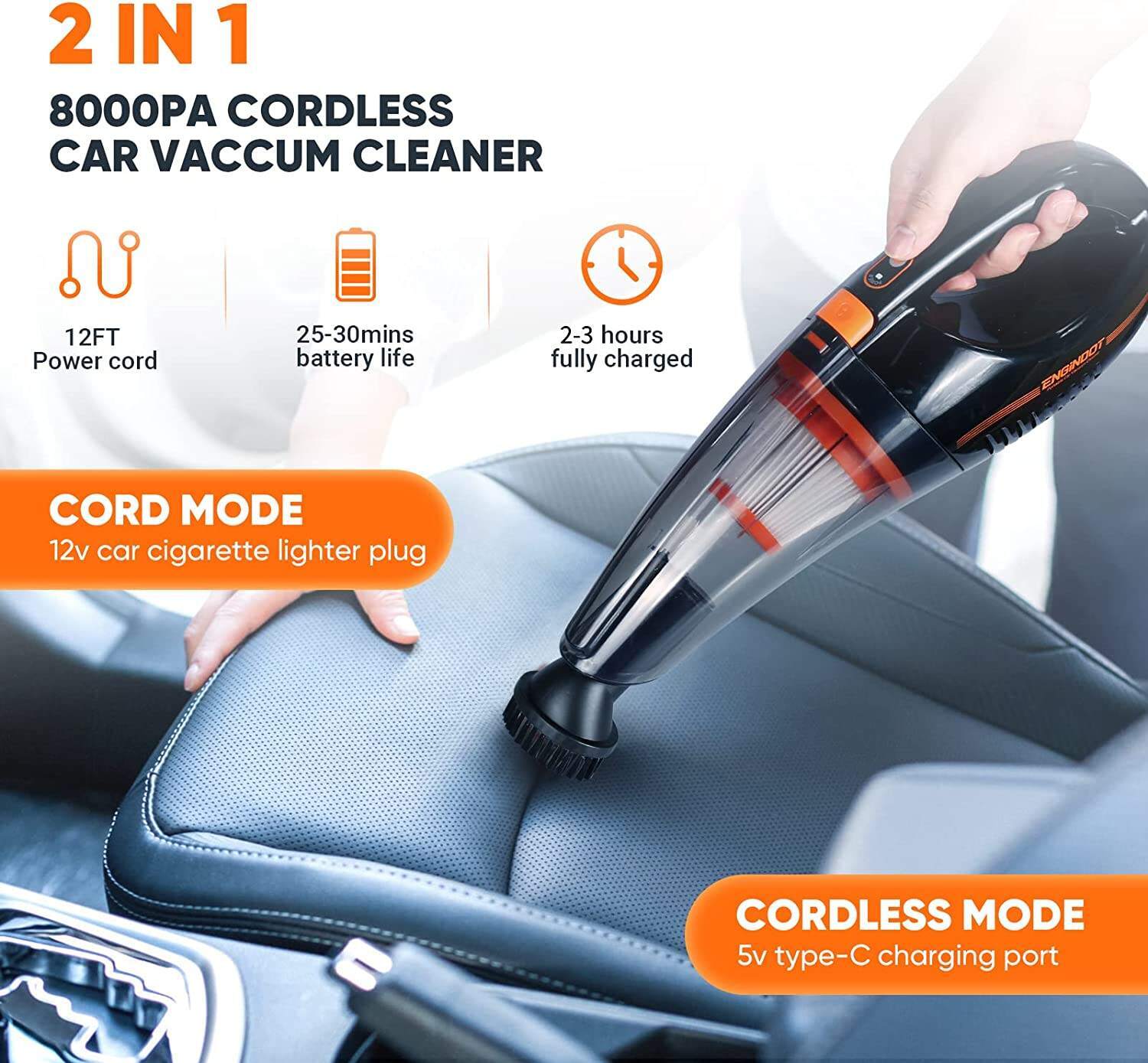 12V Cordless Car Vacuum Cleaner, 8Kpa High Power Handheld Vacuum