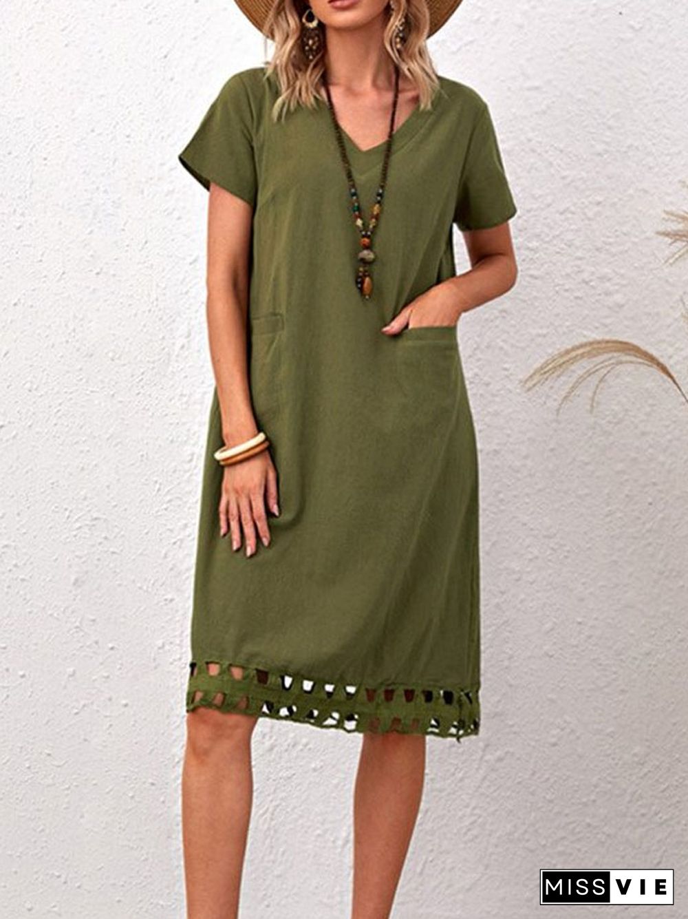 Fashionable And Versatile V-neck Short Sleeve Slim Solid Cotton Linen Dress