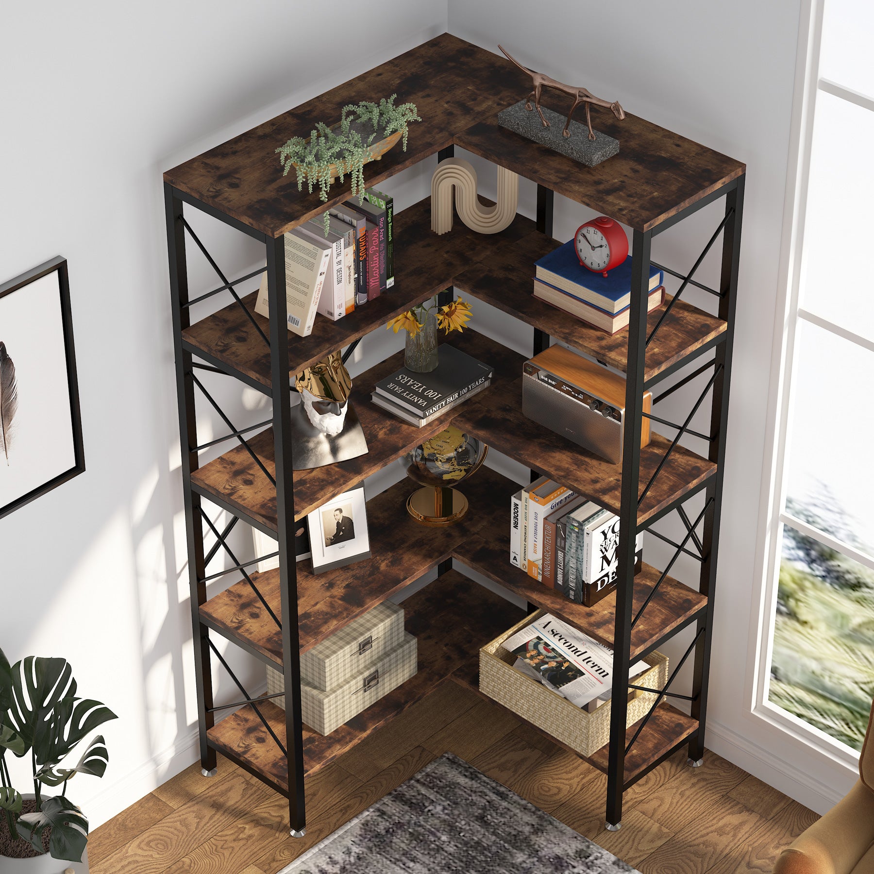 5-Shelf Corner Bookshelf, 65.7 Corner Etagere Bookcase Corner Display Rack