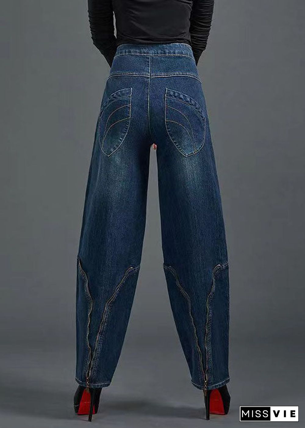 Bohemian Blue High Waist Flatering Zip Up Pockets Cotton Denim Pants Summer