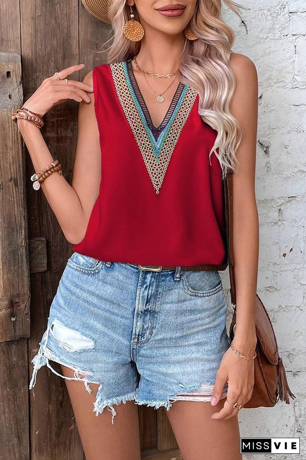 Plain V Neck Colorful Lace edge Tank Top