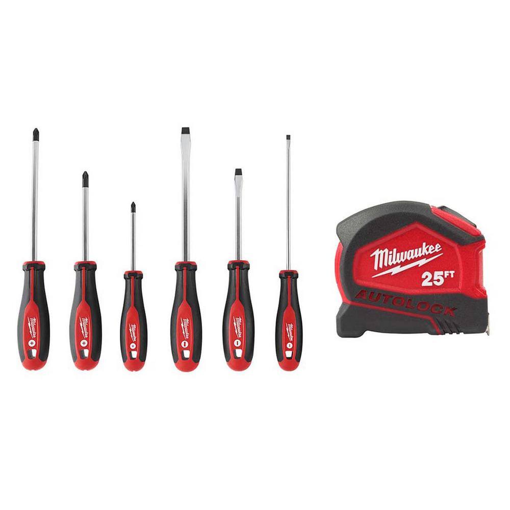 MW Screwdriver Set (6-Piece) W 25 ft. Compact Auto Lock Tape Measure 48-22-2706-48-22-6825