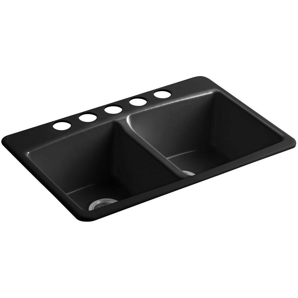 KOHLER Brookfield Undermount Cast-Iron 33 in. 5-Hole Double Bowl Kitchen Sink in Black Black K-5846-5U-7