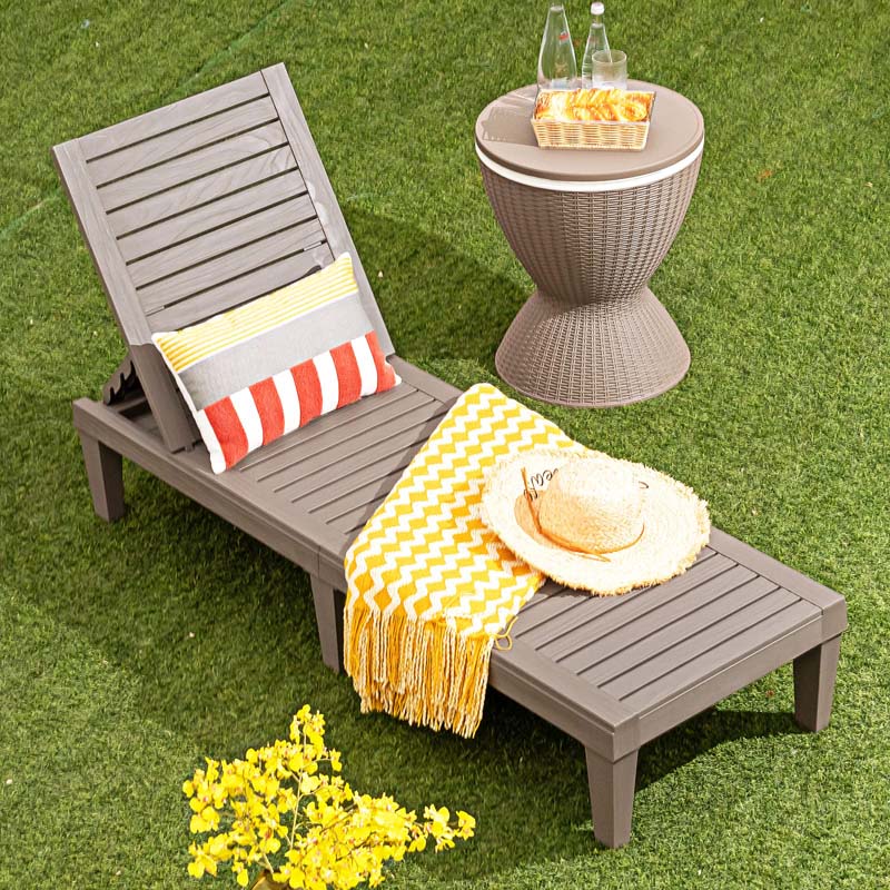 Outdoor Chaise Lounge Chair Patio Recliner, Adjustable with 5 Positions, Wood Texture Design, Waterproof, Easy to Assemble