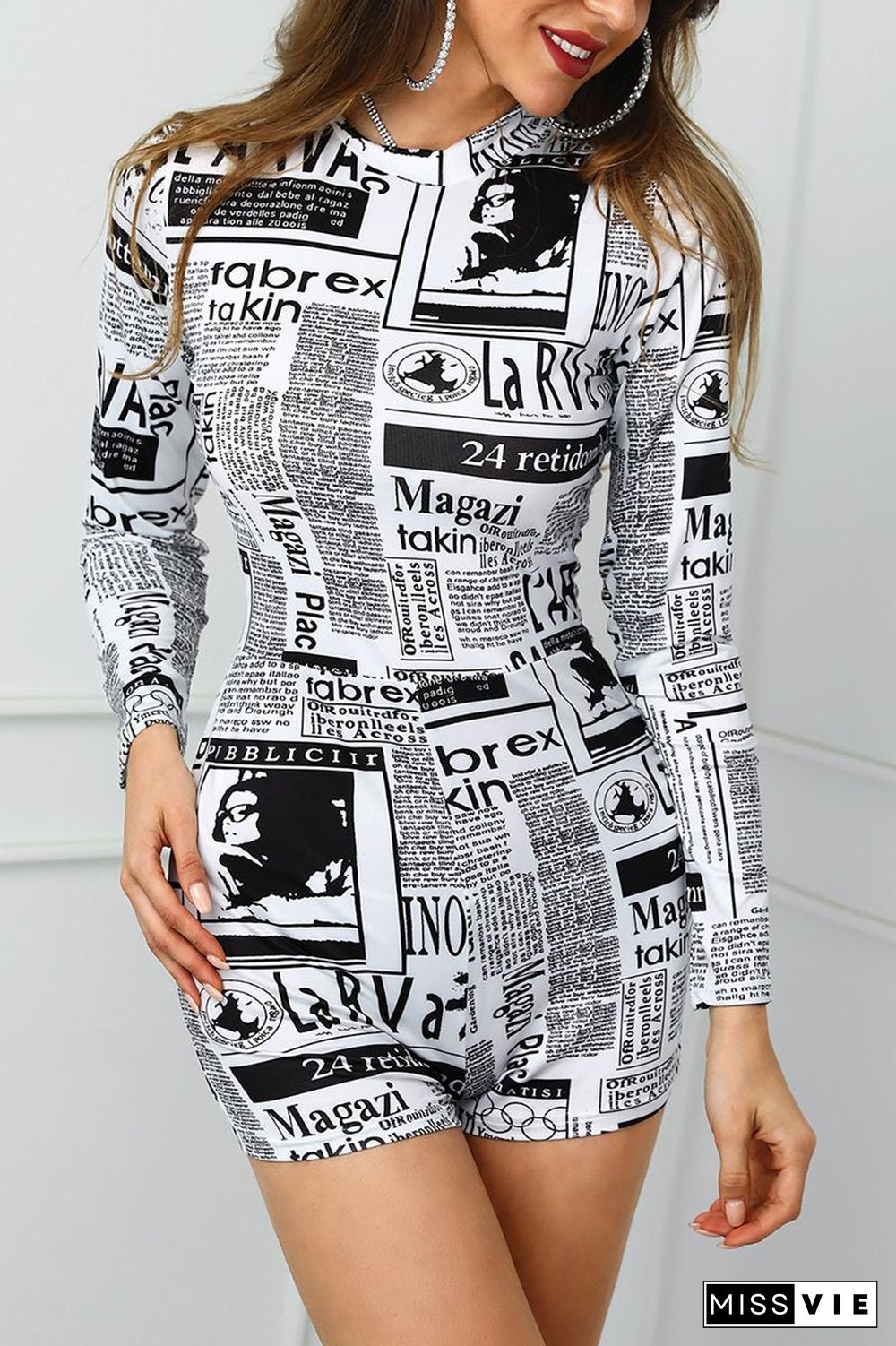 Long Sleeve Newspaper Print Romper