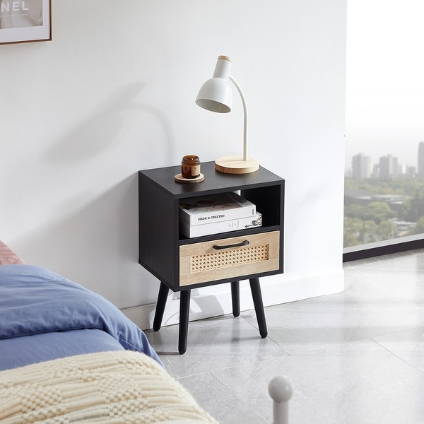 Rattan End table with drawer and solid wood legs