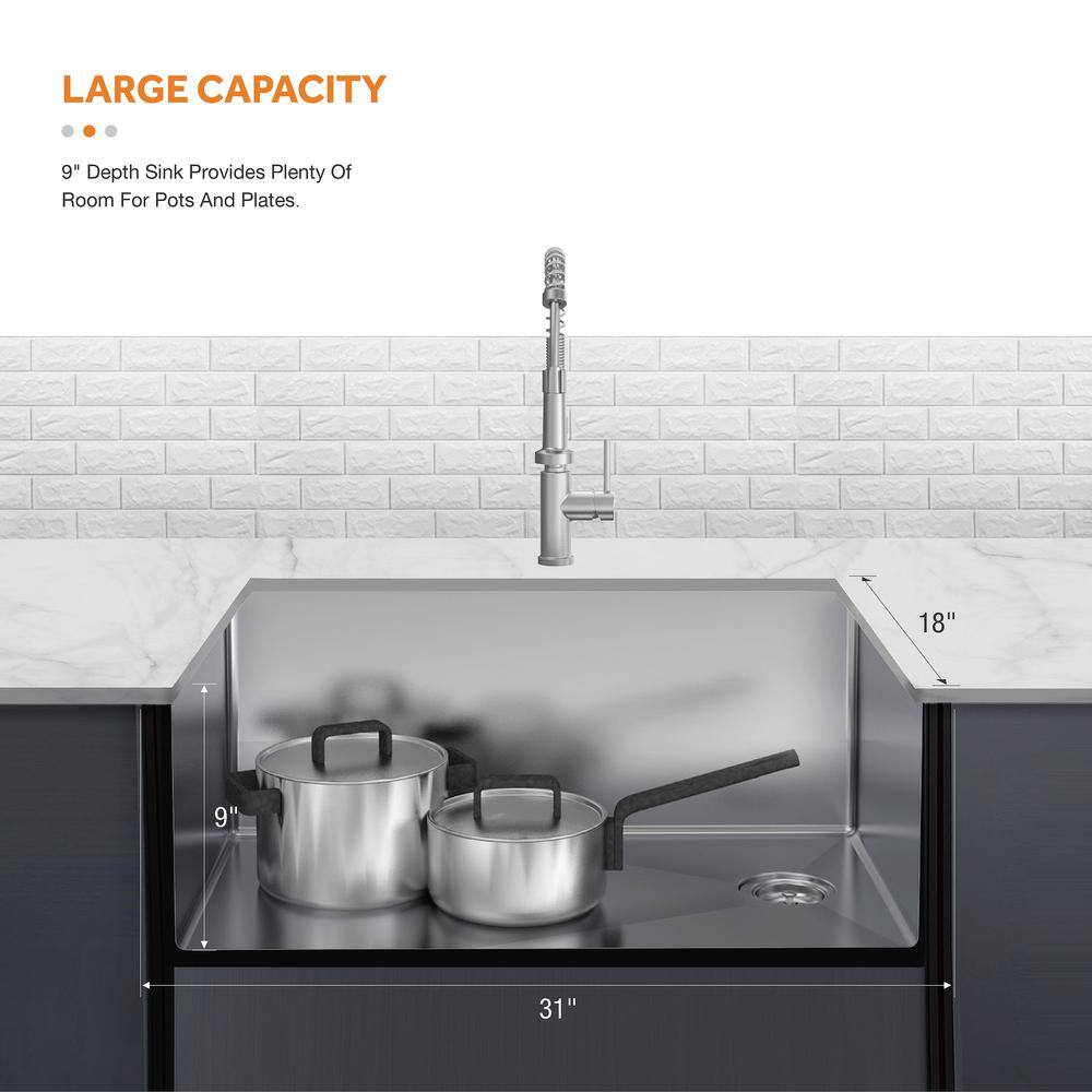 Glacier Bay Tight Radius Undermount 18G Stainless Steel 31 in. Single Bowl Kitchen Sink with Offset Drain and Accessories VUR3118A1ACC