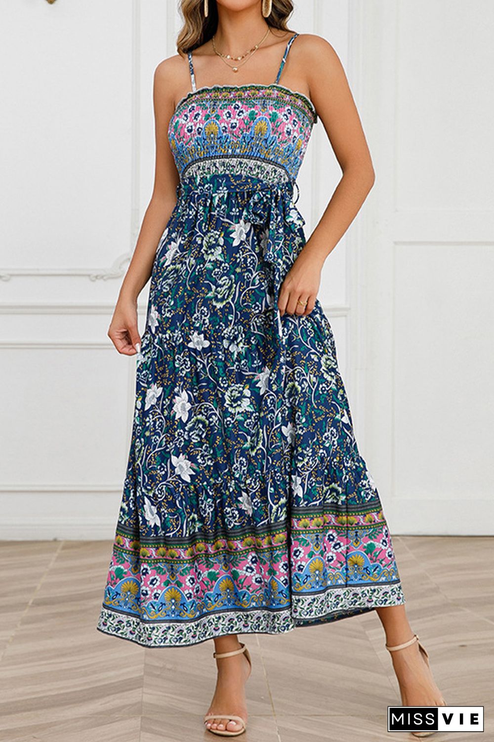 Boho Floral Print Smocked Bandeau Spaghetti Strap Maxi Dress