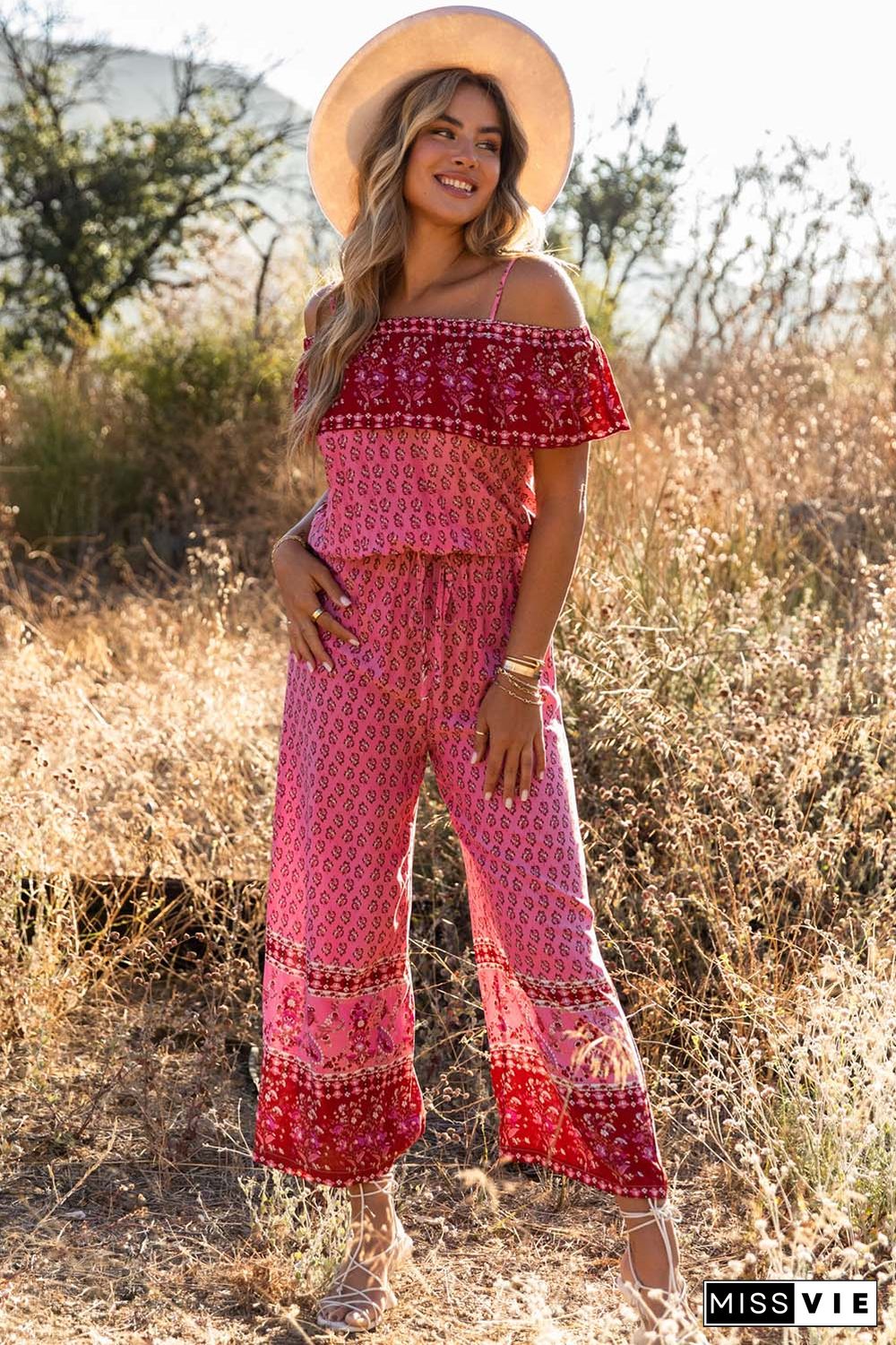 Red Pattern Print Spaghetti Strap Ruffled Wide Leg Jumpsuit