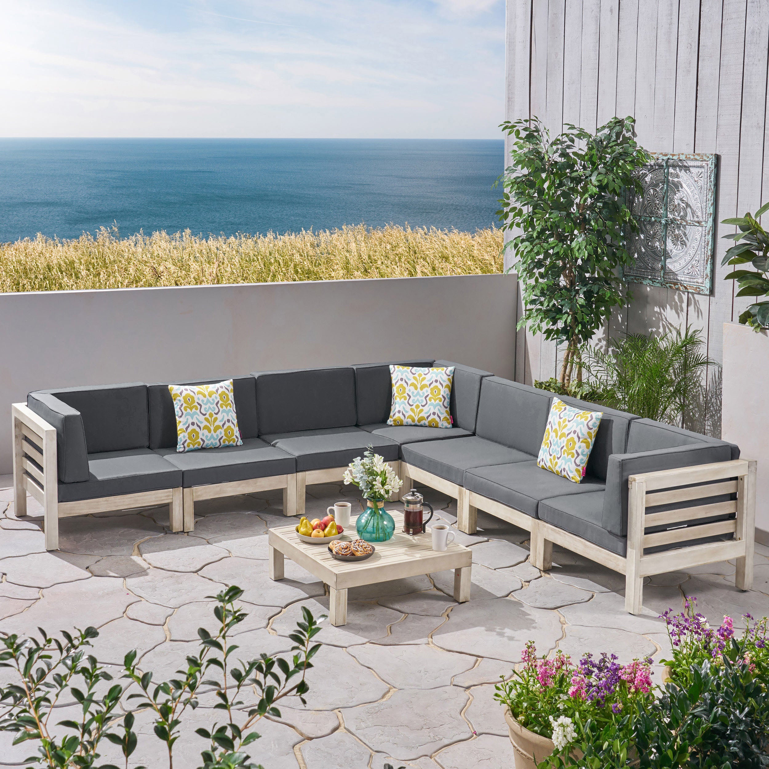 Dawn Outdoor 7 Seater Acacia Wood Sectional Sofa Set