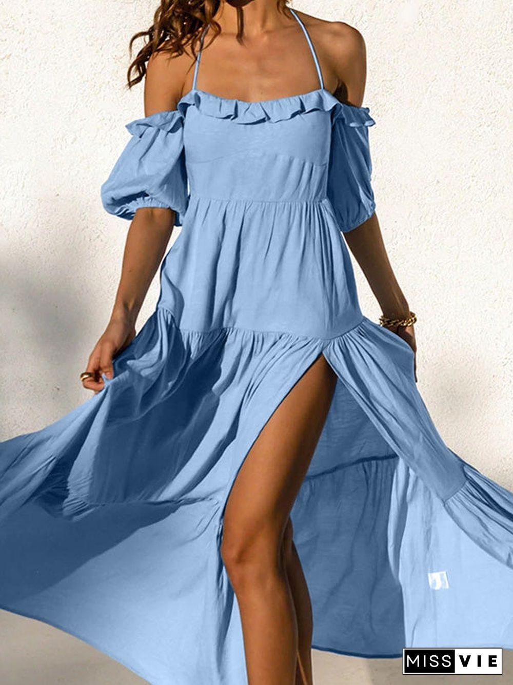 Women'S Dresses Halter One Shoulder Short Sleeve Slit Dress