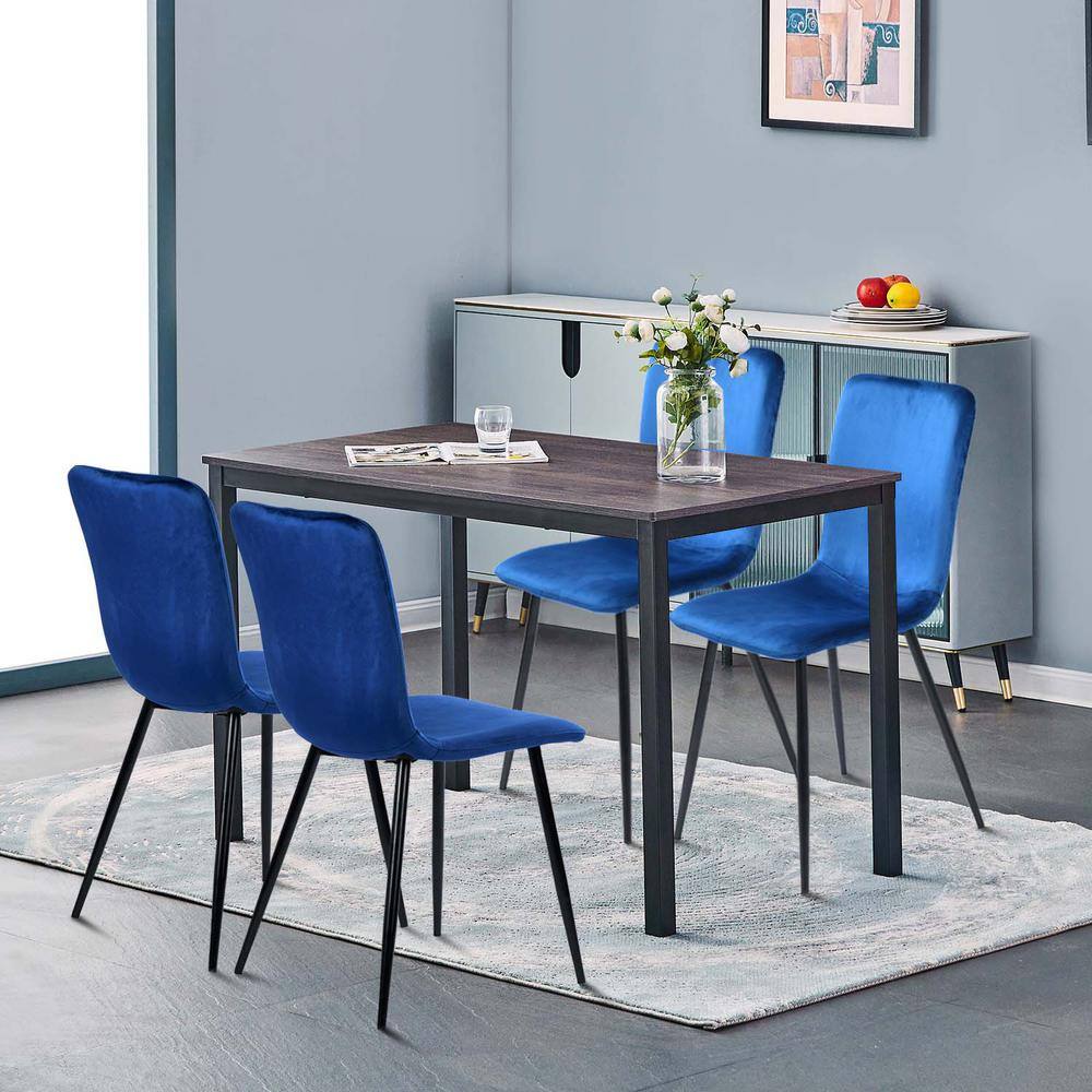 Homy Casa Brandt Scargill Blue 5 Pieces Rectangle Walnut Mdf Top Dining Table Chair Set With 4 Upholstered Dining Chair BRANDT WALNUT 120+SCARGILL BLUE VELVET