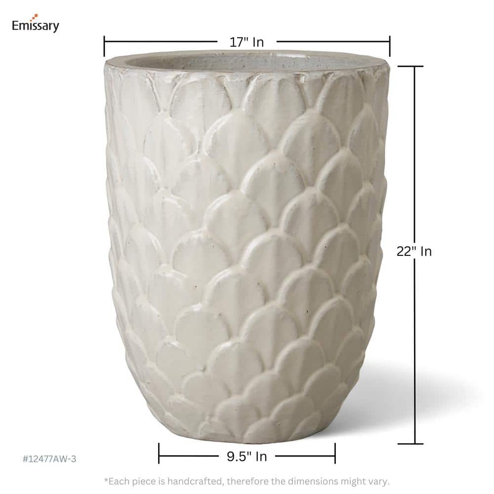 Emissary Pinecone 17 in. D x 22 in. H Antique White Ceramic Round Planter with Drainage Hole 12477AW-3