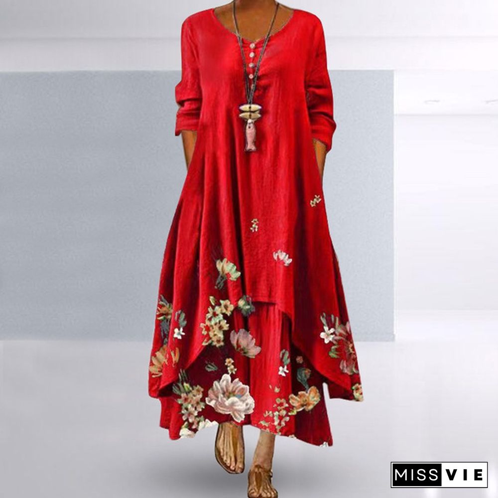 Women Casual Floral Print Long Sleeve Round Neck Double Layer Maxi Dresses Floral Casual Ethnic Style Loose Long Dress