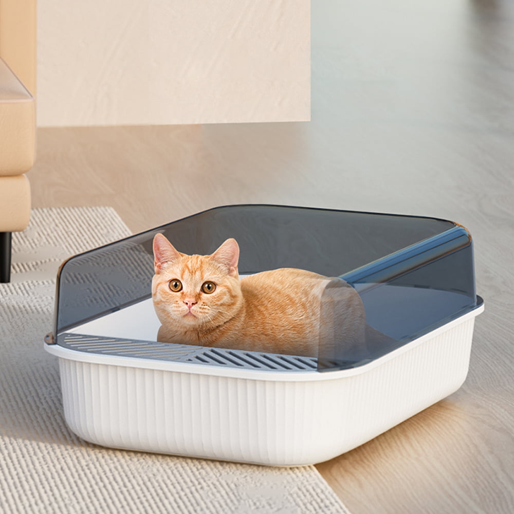 Carkira Open Top Cat Litter Box with Shield and Scoop， White