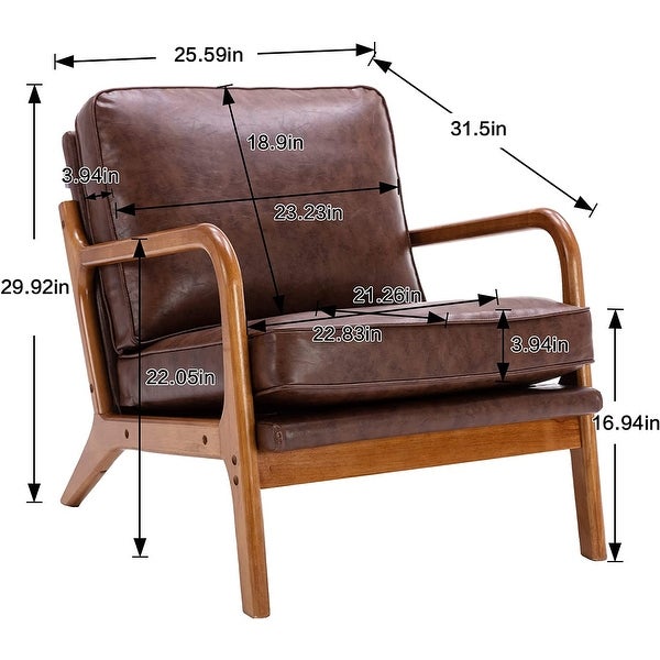 Wood Frame Accent Chair with Vintage Cushions， Brown PU Leather