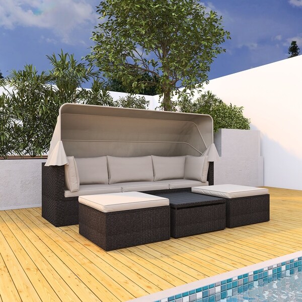 4Piece Outdoor Wicker Sectional Patio Daybed with Canopy and Ottoman