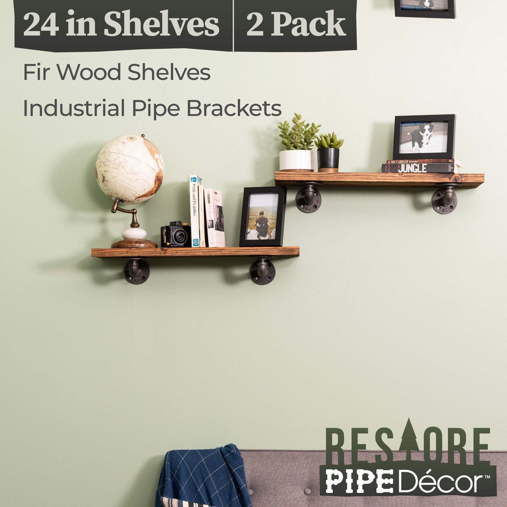 24 in. x 7.5 in. x 6.75 in. Autumn Brown Restore Wood Wall Shelving with Industrial Steel Pipe L- Brackets