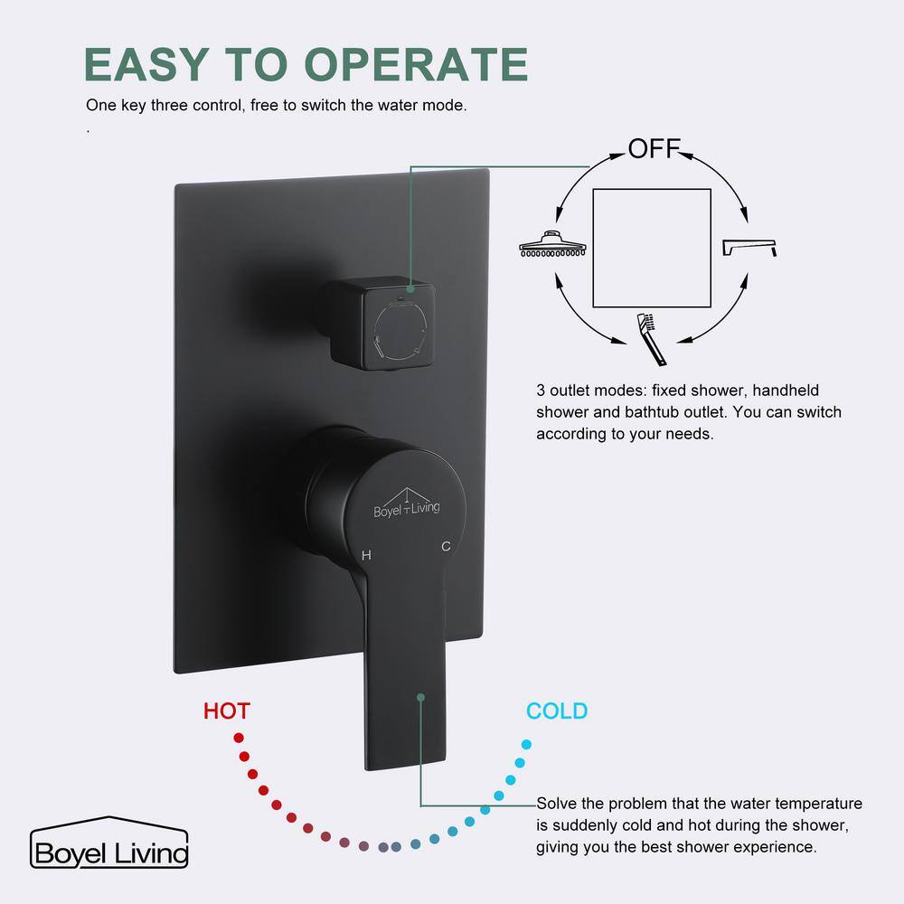 Boyel Living Wall Mount Single-Handle 1-Spray Tub and Shower Faucet in Matte Black - 12 Inch (Valve Included) SMD-88018B-12