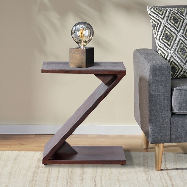 24 Inch Rectangular Mango Wood Side Table， Z Shaped Frame， Dark Brown