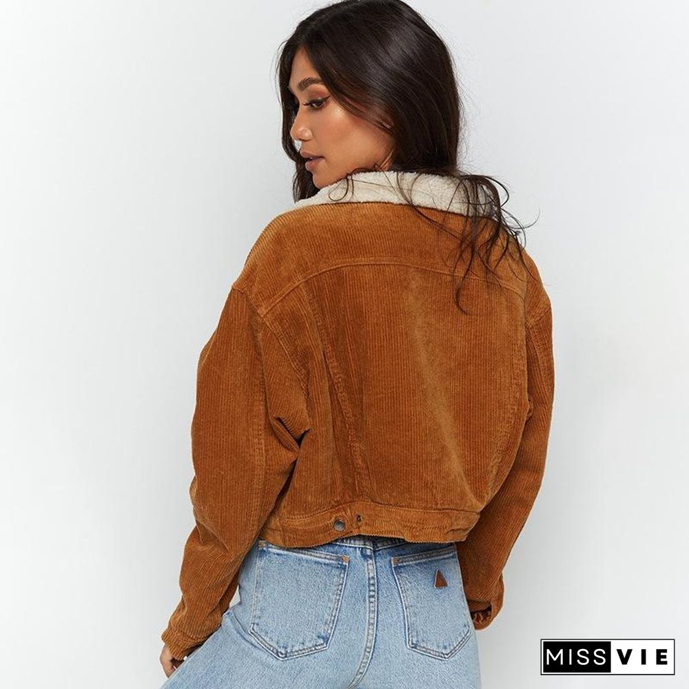 Short Brown Women Corduroy Coat