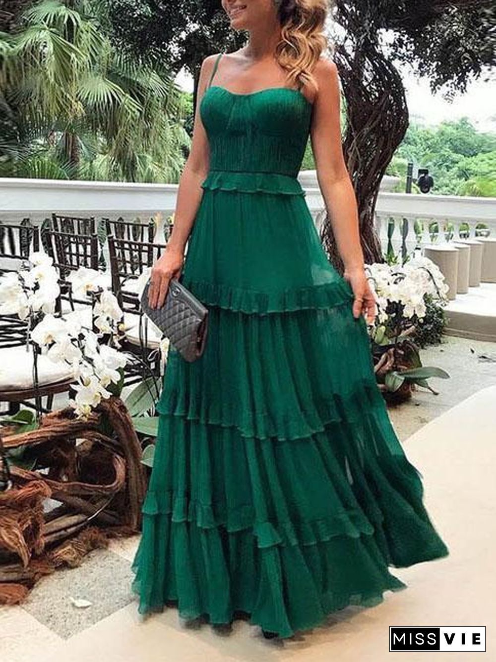 Green Chiffon Plain Open Shoulder Evening Dress