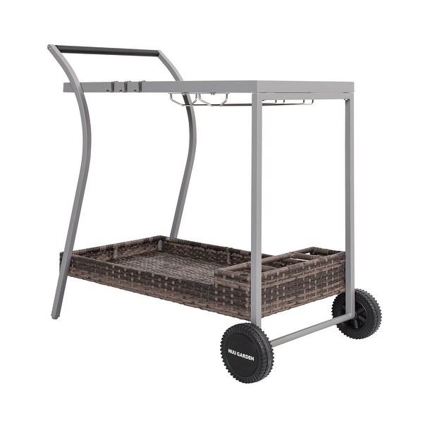 Outdoor 2Tier Wicker Bar Cart on Wheels with Tempered Glass Board