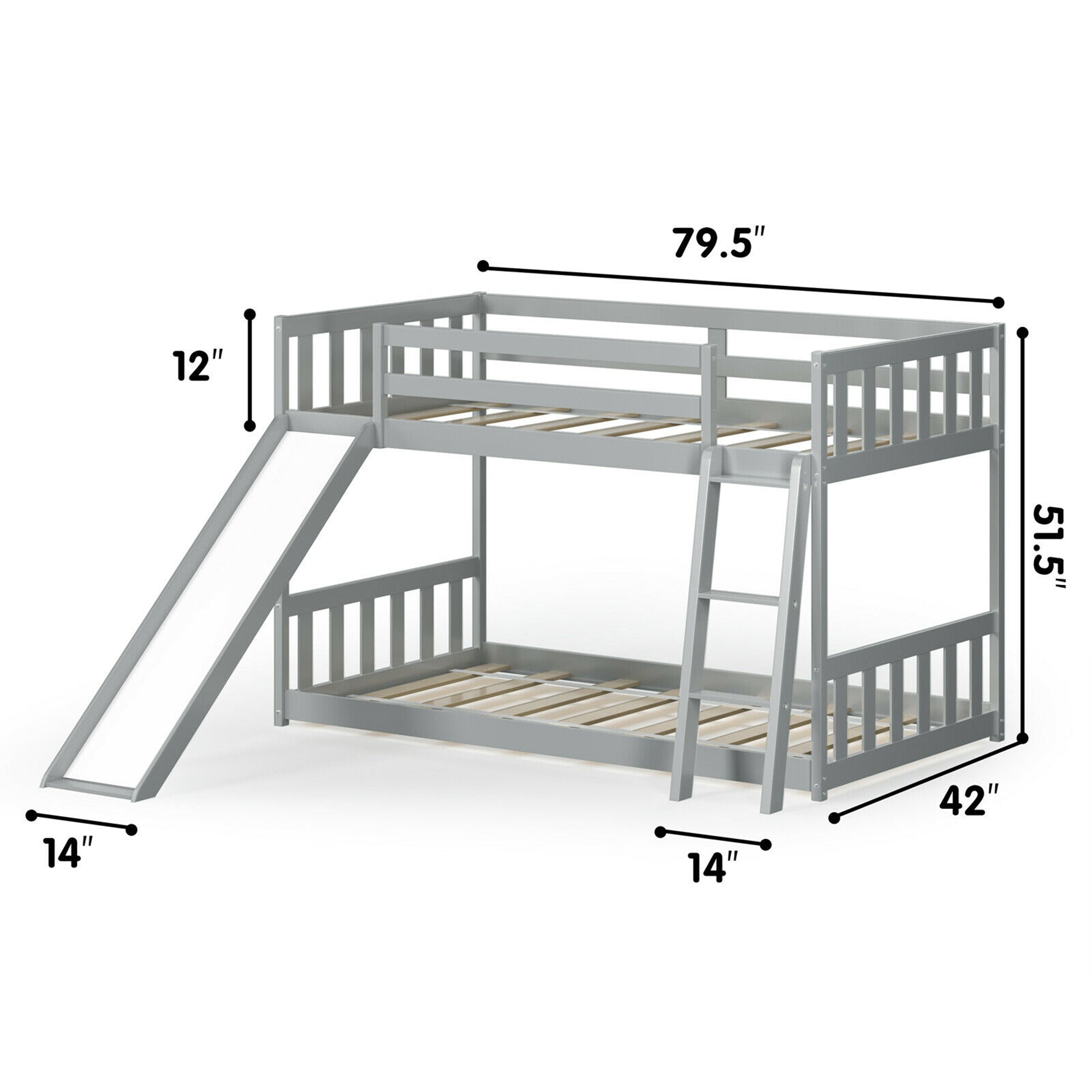 Gymax Twin over Twin Bunk Wooden Low Bed with Slide Ladder for Kids Grey