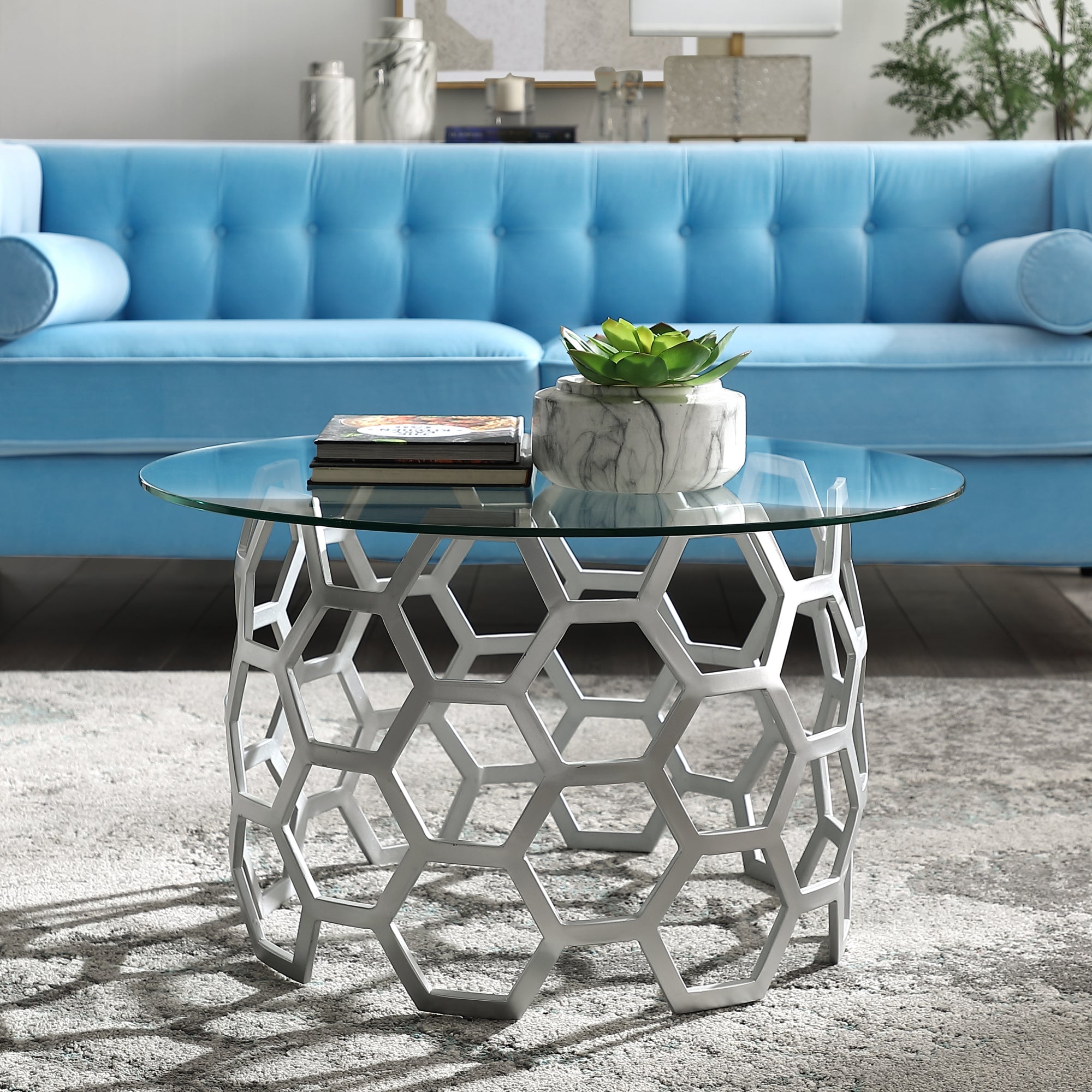 Inspired Home Janina Round Coffee Table Clear Glass Top Geometric Hexagon Metal Frame Modern, Silver