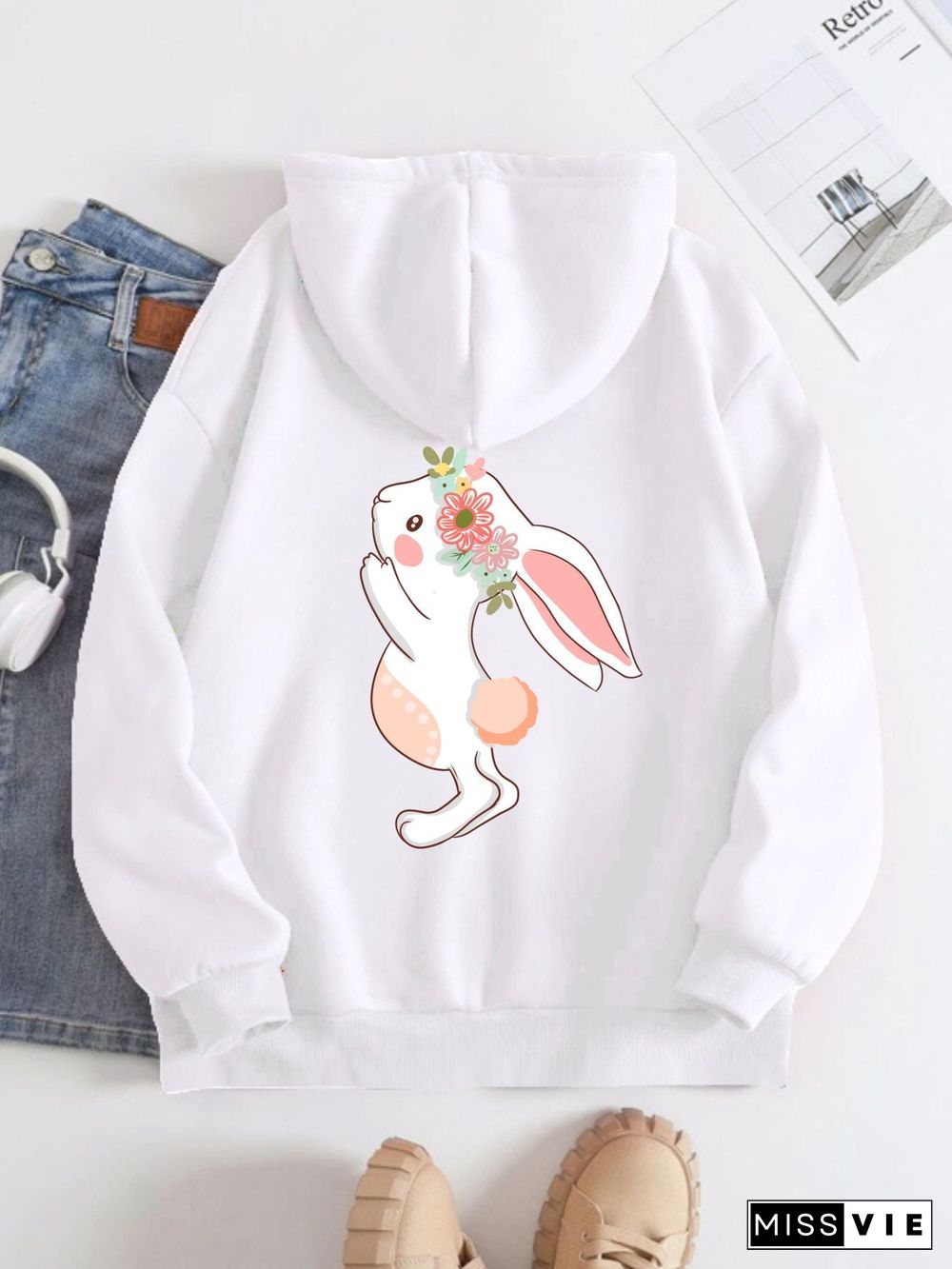 Printed on the Back Kangaroo Pocket Hoodie Long Sleeve for Women Pattern Rabbit Wearing Flowers