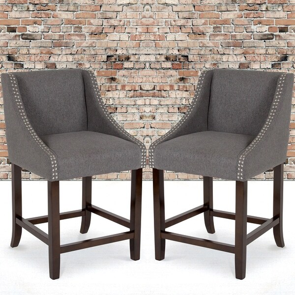 Grey Fabric Upholstered Counter Height Dining Stools with Nailhead Trim