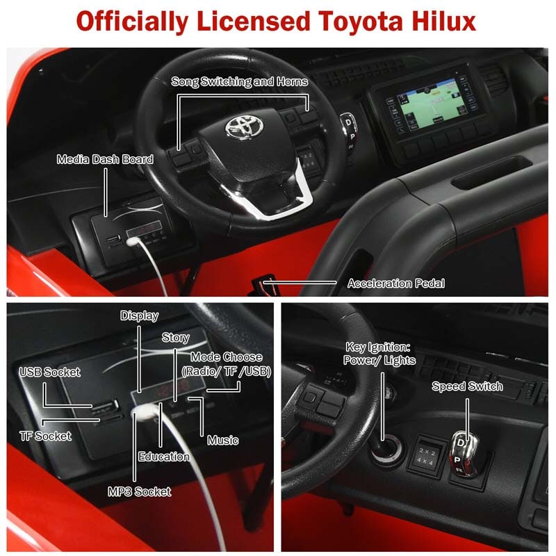 Licensed Toyota Hilux 2-Seater Kids Ride on Car 4WD 2x12V Battery Powered Riding Toy Truck with Remote