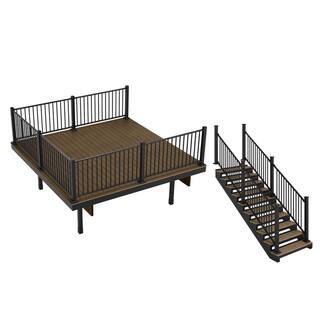 FORTRESS Apex Freestanding 12 ft. x 12 ft. Brazilian Teak PVC Deck and 10-Step Stair Kit with Steel Framing and Aluminum Railing K-64410852213