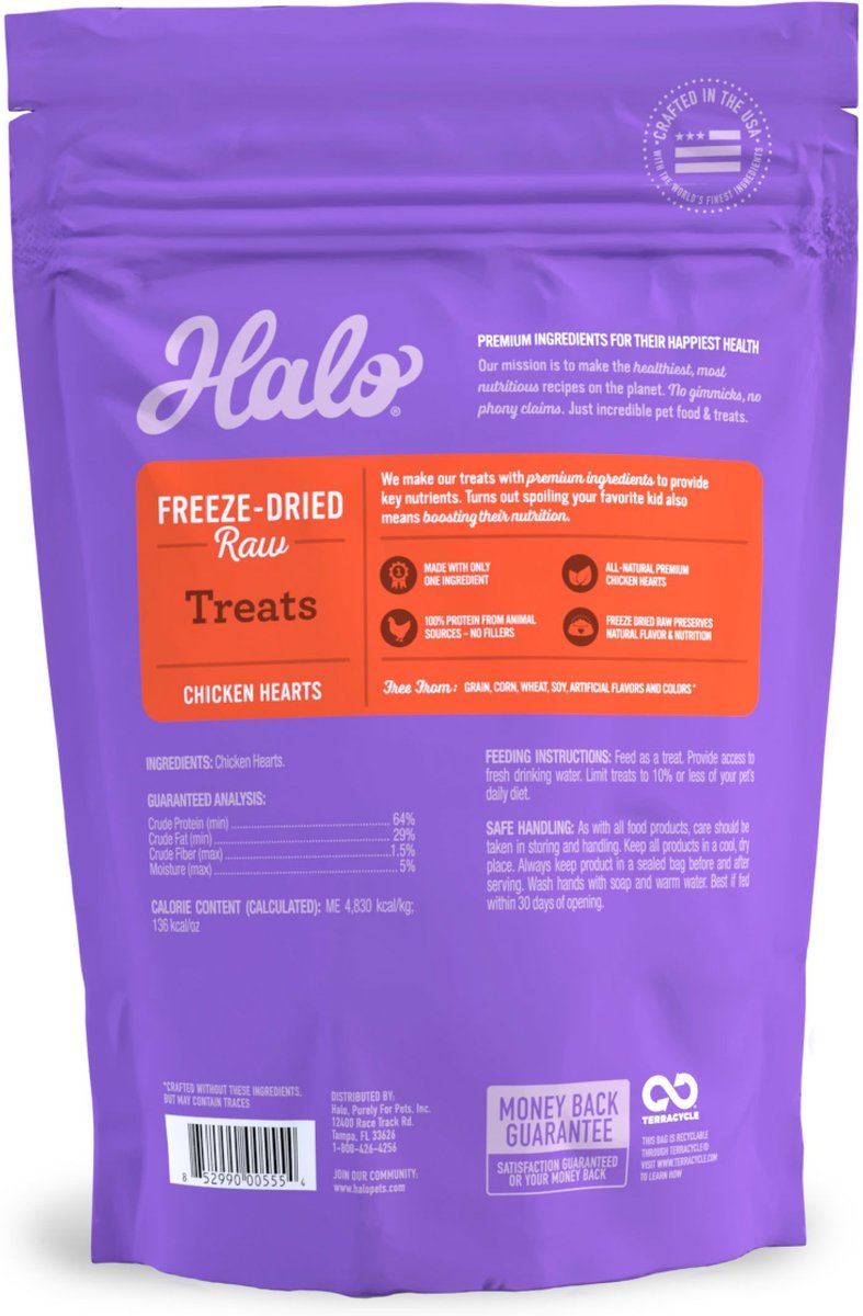 Halo Chicken Hearts Recipe Freeze-Dried Raw Dog Treats， 2-oz bag