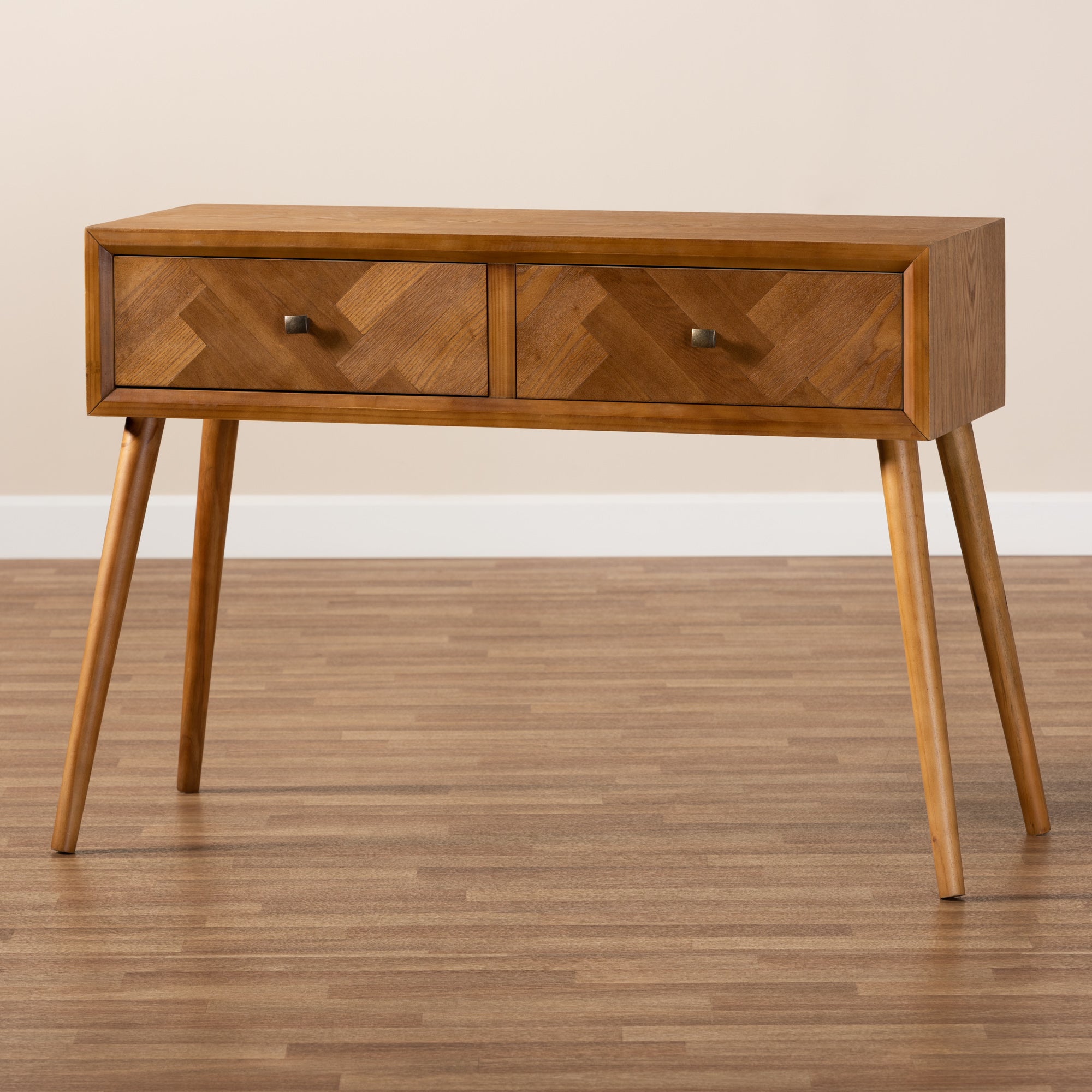 Baxton Studio Mae Mid-Century Modern Natural Brown Finished Wood 2-Drawer Console Table