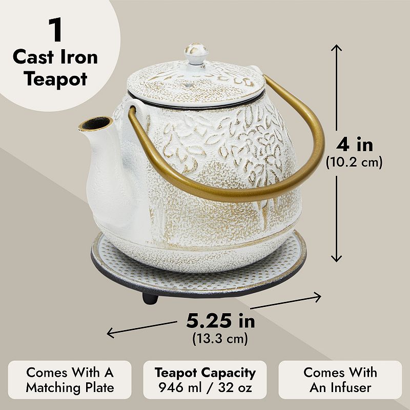 32 Oz White Gold Japanese Cast Iron Teapot Set With Handle， Infuser， Trivet