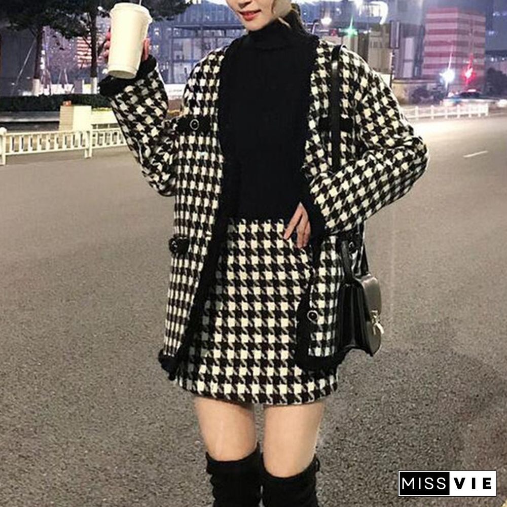 Houndstooth Vintage Two Piece Sets Outfits Women Autumn Cardigan Tops And Mini Skirt Suits Elegant Ladies Fashion 2 Piece Sets