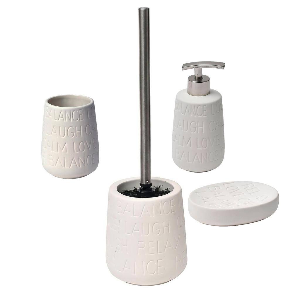 Relax 4-Piece Bath Accessory Set with Soap Pump Tumbler Soap Dish and Toilet Bowl Brush Holder in Sandstone Off-White SET4RELAX6188