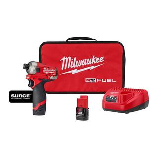 MW M12 FUEL SURGE 12V Lithium-Ion Brushless Cordless 14 in. Hex Impact Driver Compact Kit wTwo 2.0Ah Batteries Bag 2551-22