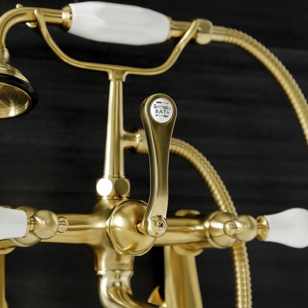 Kingston Brass Aqua Vintage 3-Handle Wall-Mount Clawfoot Tub Faucets with Hand Shower in Brushed Brass HAE55T7